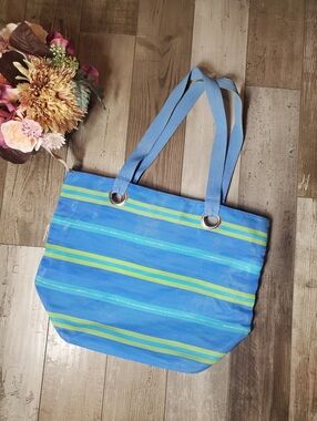 Sand N Sun Carryall Shoulder Beach Bag Blue Green and Metallic Silver Striped